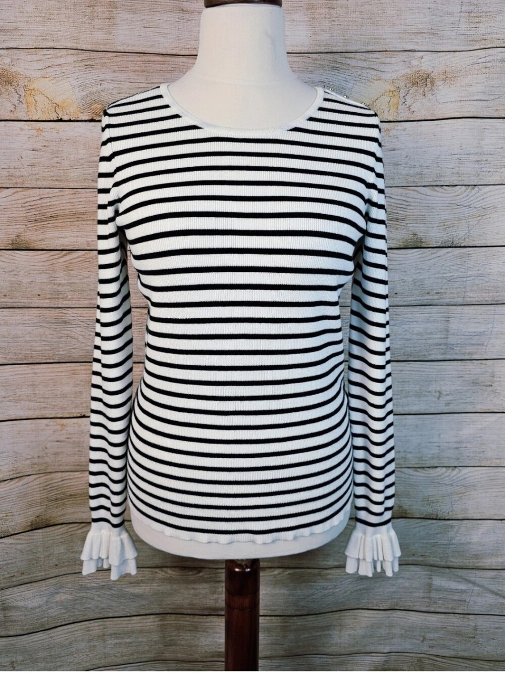 White House Black Market Ruffle Cuff Striped Sweater Size Large